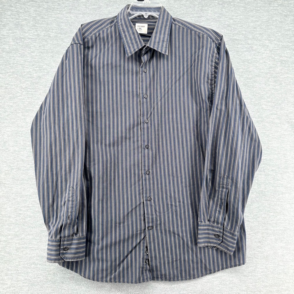 Old Navy Button Up Shirt Men XXL Gray Blue Striped Long Sleeve Cotton Blend